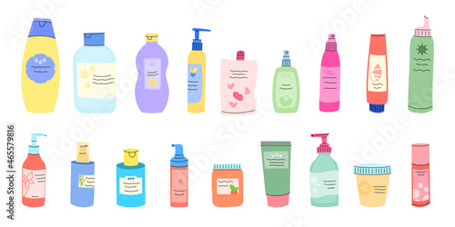 Cosmetics different bottles set vector illustration.Cosmetics for face,hair,body.Beauty routine.Cream,shampoo,makeup.