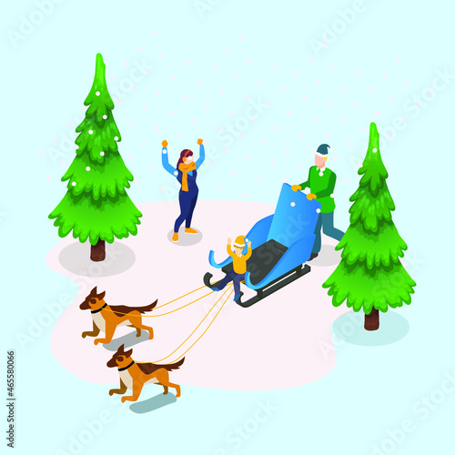 Family winter vacation dogs pulling sled with happy boy at park 3d isometric vector illustration concept for banner, website, landing page, ads, flyer template