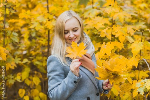 A woman holds maple yellow leaves in her hands in a park against a background of trees