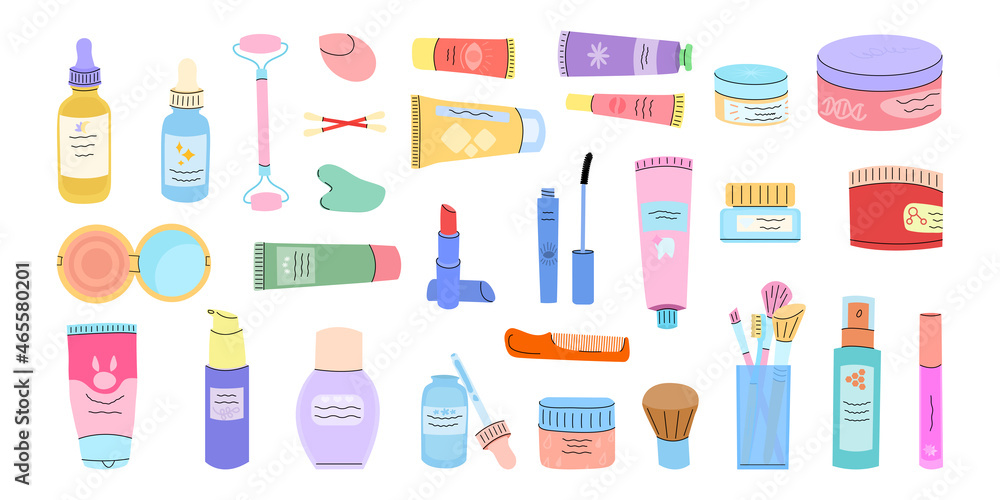 Cosmetics for the face. Tubes, creams, face makeup set.Skin care vector set. Isolated on a white background.