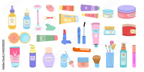 Cosmetics for the face. Tubes, creams, face makeup set.Skin care vector set. Isolated on a white background.
