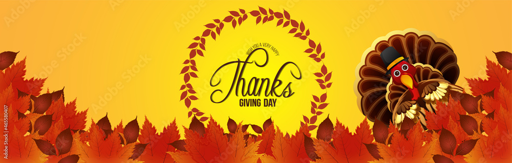 Thanks giving day celebration banner with creative background with autumn leafs, turkey birds and pumpkin