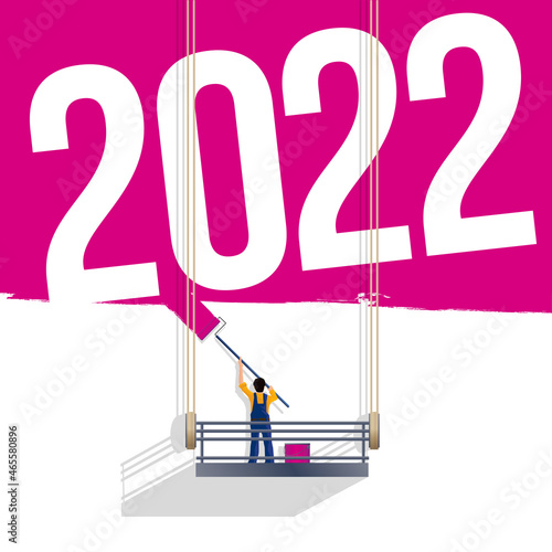 Carte de vœux pour les jeunes entreprises énergiques, avec un peintre sur son échafaudage qui peint un mur en rose vif en laissant apparaître 2022.