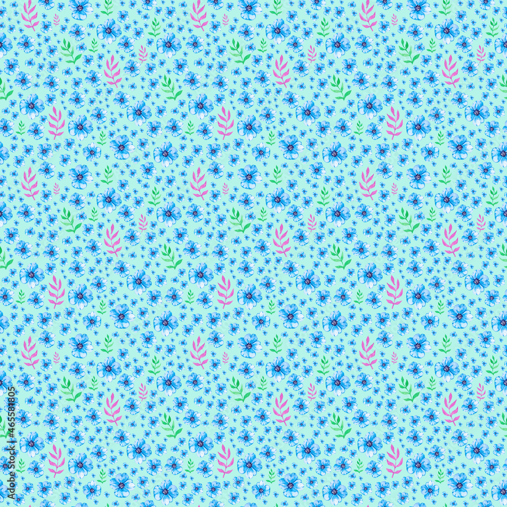 Watercolor pattern with flowers and twigs of blue color. Watercolor pattern with flowers and twigs of blue color.