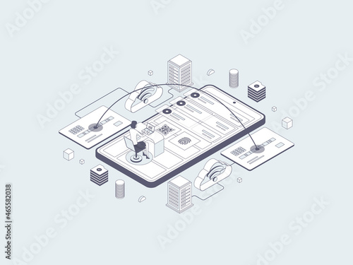 Mobile Transfer Isometric Illustration Lineal Gray. Suitable for Mobile App, Website, Banner, Diagrams, Infographics, and Other Graphic Assets.