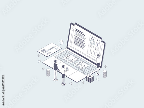 Finance Presentation Isometric Illustration Lineal Gray. Suitable for Mobile App, Website, Banner, Diagrams, Infographics, and Other Graphic Assets.