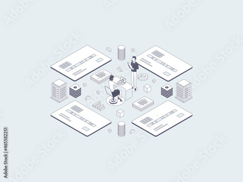 Credit Card System Isometric Illustration Lineal Gray. Suitable for Mobile App, Website, Banner, Diagrams, Infographics, and Other Graphic Assets.
