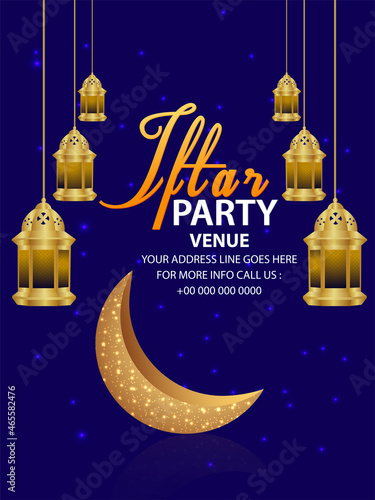 Iftar party celebration poster with vector illustration of lantern and arabic moon