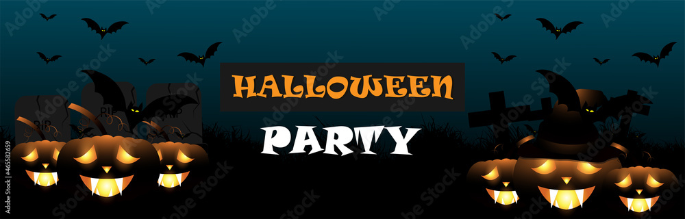 Fototapeta premium Halloween party banner with glowing pumpkin, flying bats on horror background