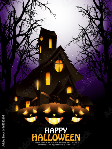 Night background for happy halloween with glowing pumpkin, hounted house photo