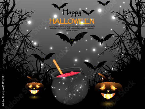 Horror background for happy halloween with glowing pumpkin, magic pot and flying bats