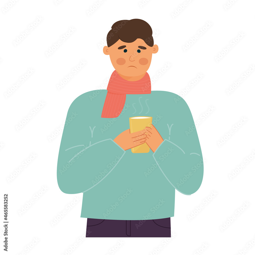man with sore throat. Inflammation of the pharynx. Colds, flu and virus. Scarf around the neck. Hot drink in hand. Cartoon character. Universal drug advertising design. Vector illustration, flat man with sore throat. Inflammation of the pharynx. Colds, flu and virus. Scarf around the neck. Hot drink in hand. Cartoon character. Universal drug advertising design. Vector illustration, flat