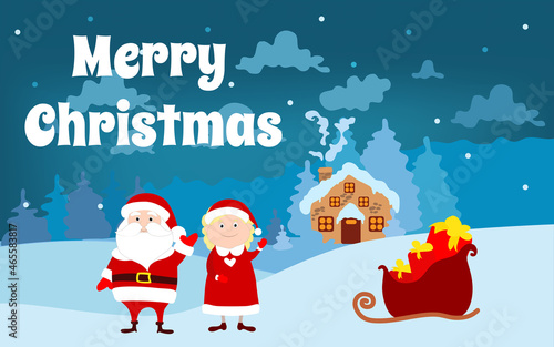 Mrs. Santa and Santa Claus stand in front of their house and a fairy-tale winter landscape, waving. Greeting card and text Merry Christmas.