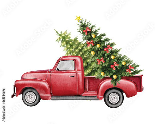 Christmas red vintage pick up with christmas tree and gifts. Hand painted watercolor illustration isilated on white background photo