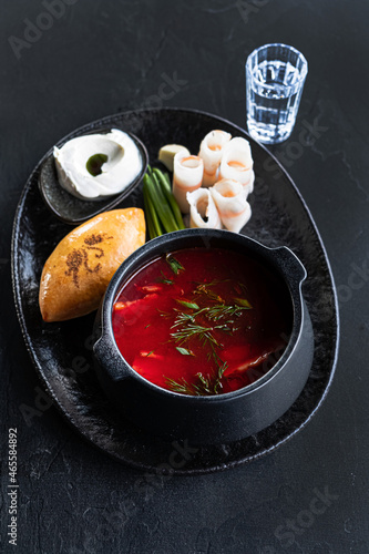 .Beet meat soup with fat and sour cream