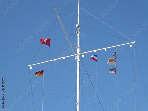 The ship greeting system "Willkomm-Höft" (Welcome Point) in Wedel, Schleswig-Holstein, Germany, welcomes large ships arriving in Hamburg with flags and playing the respective national anthem