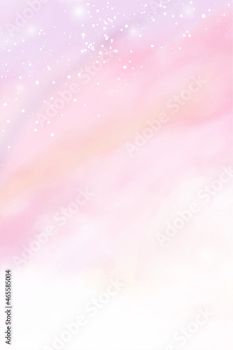 Pink watercolor cotton cloud background. Pastel fantasy sky backdrop template for wedding invitation, greeting card, banner or flyer. Vector illustration of fluffy candy clouds
