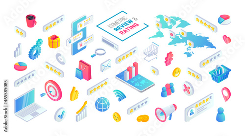 Abstract isometric infographics template. 3D customer review, marketing icons set and feedback isometric concept. Communication, survey, client research vector Illustration.