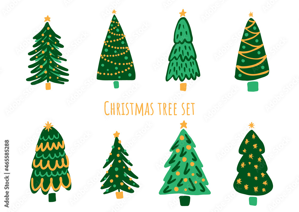 Vector set of cartoon Christmas trees, pines for greeting card, invitation,banner, web. New Years and xmas traditional symbol tree with garlands, light bulb, star. Winter holiday. Icons collection. Vector set of cartoon Christmas trees, pines for greeting card, invitation,banner, web. New Years and xmas traditional symbol tree with garlands, light bulb, star. Winter holiday. Icons collection.