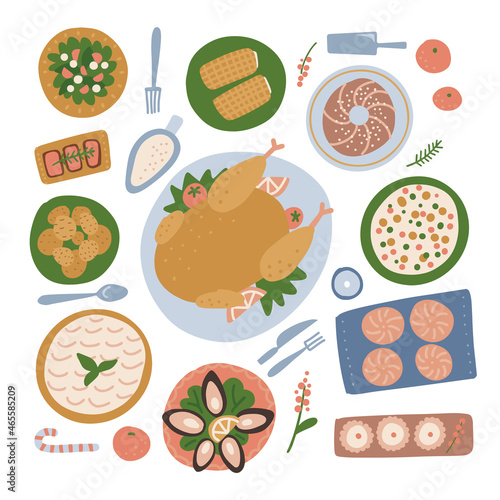 Traditional Christmas dishes set isolated on white background. Holiday food on a table view from above. Top view on classic New Year eating. Main course and dessert. Flat vector illustration.