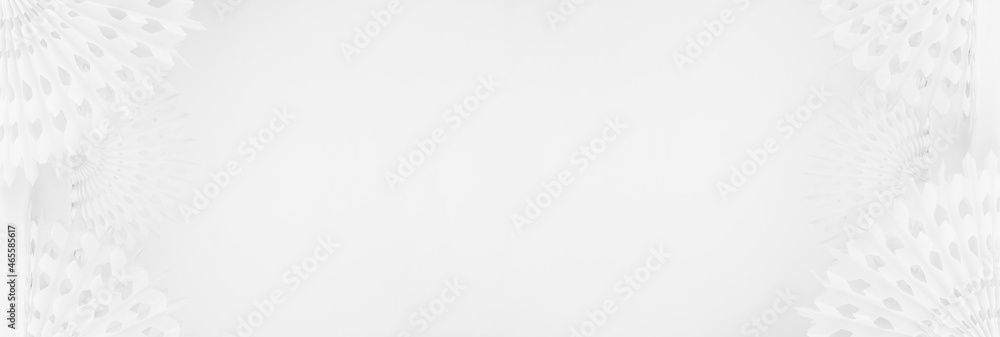 Obraz premium White abstract modern simple banner with white carved round paper fans as side border with copy space in oriental origami asian style, abstract background for design site, web, header.