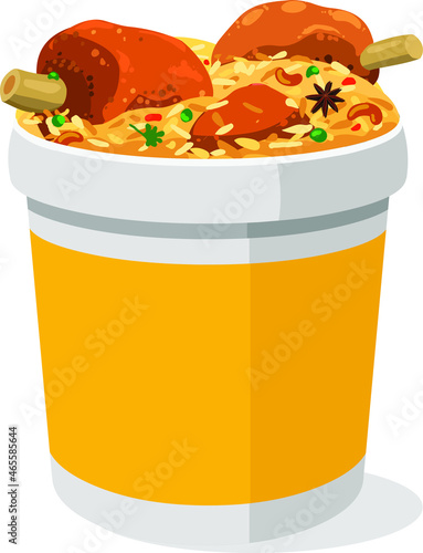 Vector illustration of Mutton Bucket Biryani, Indian biryani arranged in a yellow bucket container with white textured background.