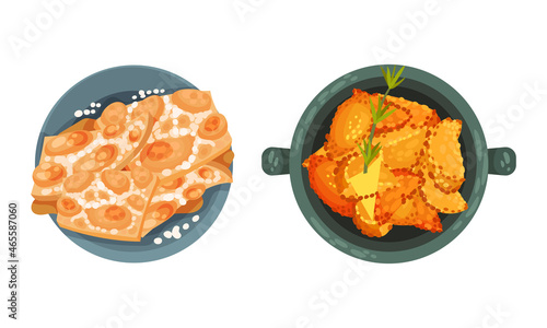 Stuffed Fried Pastry and Turron as Served Spanish Cuisine Dish Above View Vector Set