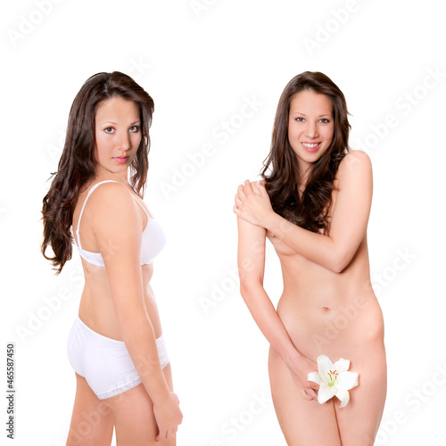 Two closeup portraits of an attractive brunette woman wearing white underwear and classic covered nude, isolated in front of white studio background