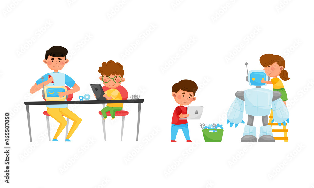 Little Boy and Girl at Table Engineering and Configurating Robot with Tablet Vector Set