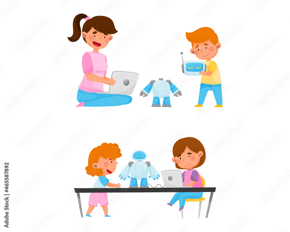 Little Boy and Girl at Table Engineering and Configurating Robot with Laptop Vector Set