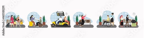 Tourists in airport waiting hall. Passengers with luggage sitting, walking, vector illustration. Travel by plane concept