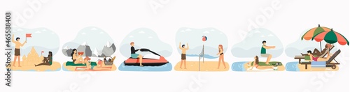 Summer beach vacation set, vector illustration. People sunbathing making sand castle, playing ball, riding water scooter