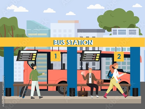 People waiting for bus at intercity bus station, flat vector illustration. Waiting area, passengers with luggage.