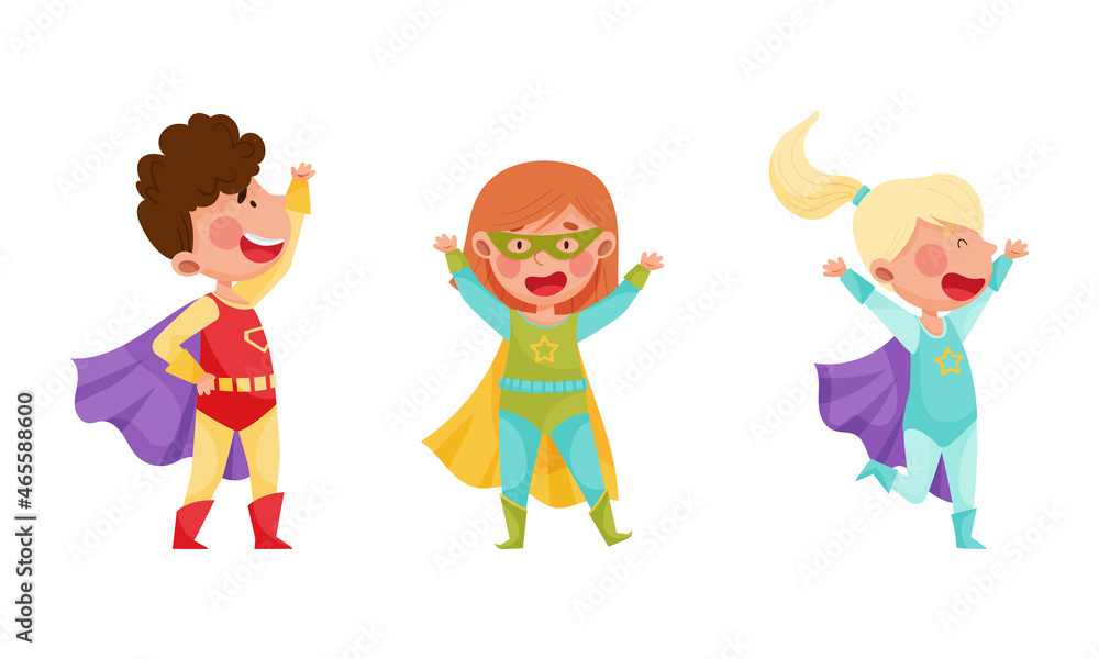 Cute Boy and Girl Wearing Superhero Costume Pretending to Have Super Power Vector Set Cute Boy and Girl Wearing Superhero Costume Pretending to Have Super Power Vector Set