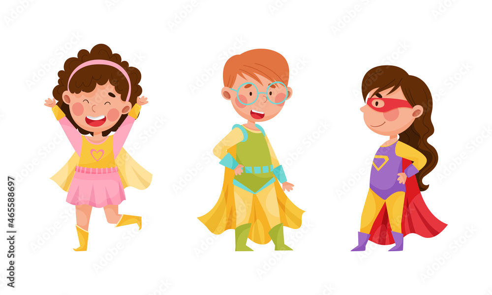 Cute Boy and Girl Wearing Superhero Costume Pretending to Have Super Power Vector Set Cute Boy and Girl Wearing Superhero Costume Pretending to Have Super Power Vector Set