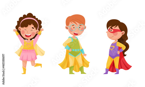 Cute Boy and Girl Wearing Superhero Costume Pretending to Have Super Power Vector Set