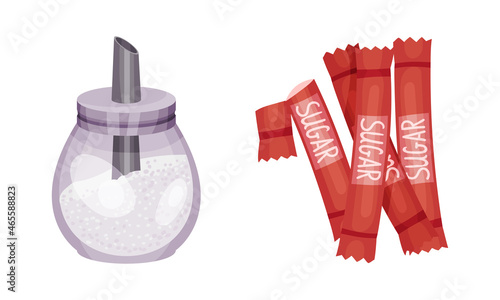 Refined White Sugar in Glass Container and Package as Sweetener for Food and Drink Vector Set