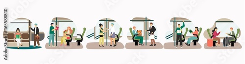 Passengers traveling by city metro train bus, vector illustration. People commuting to and from work by public transport