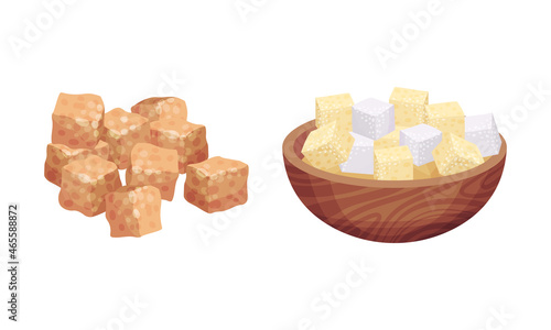 Pile of White and Brown Sugar Cubes as Sweetener for Tea and Coffee Vector Set.