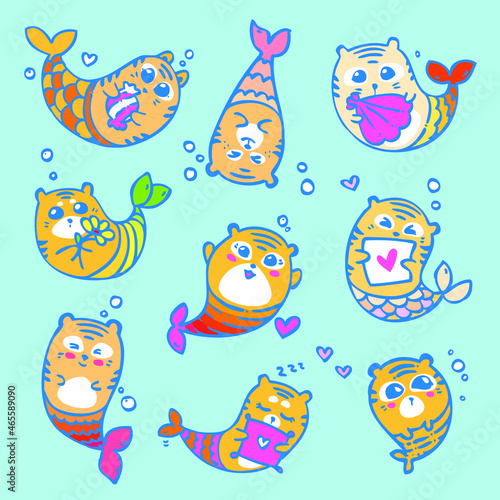 Mermaid tiger vector symbol of the year 2022 cute kids comic girl stripes fish tail cute mammal isolated set fairy magic