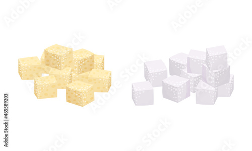 Pile of White and Brown Sugar Cubes as Sweetener for Tea and Coffee Vector Set.
