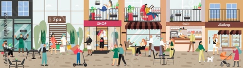 Fototapeta Naklejka Na Ścianę i Meble -  City street with stores, cafe, bakery, coffee shop, spa salon buildings and visitors, shoppers, flat vector illustration