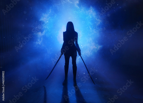 Dark black silhouette of a fantasy woman warrior assassin holding two katana swords. Dark background with bright blue light fairy tale portal to a parallel futuristic universe. Neon flash warrior girl photo