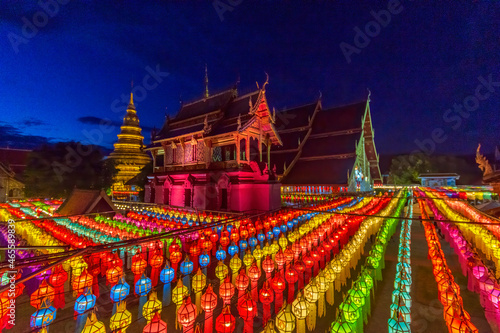 Lamphun Lantern Festival at Buddhist worship of Phra That Hariphunchai Temple in Lamphun, Thailand.