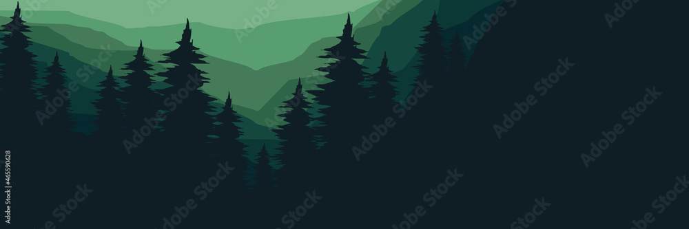 forest at mountain cliff flat design vector illustration good for web banner, ads banner, tourism banner, wallpaper, background template, and adventure design backdrop