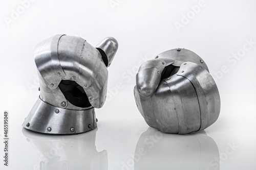 Steel metal gloves for hand protection. Iron steel ammunition, personal accessories for a knight: helmet, chain mail, limb protection. concept is a reconstruction of battles.