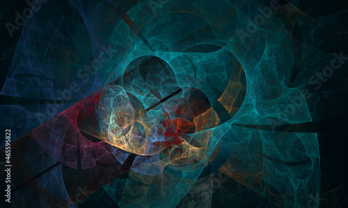 Unique 3d illustration of pours membrane in turquoise hues with red golden blotches fading in darkness. Fantastic digital artwork. Great as print for electronics covers, background, design concept.