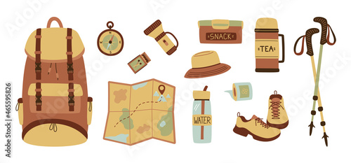 Hiking bundle sketch. A set of items for the hike. Backpack, map, compass, matches, sneakers, toilet paper, trekking sticks and thermos. Tourist kit. Vector illustration