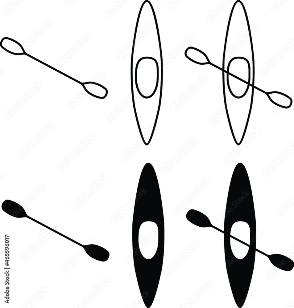 Simple Kayak and Paddle Clipart Set - Outline and Silhouette Stock ...