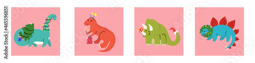 Set of hand-drawn cards with cute dinosaurs.Christmas concept.Dinosaurs with gifts, with attributes of Christmas.Vector 